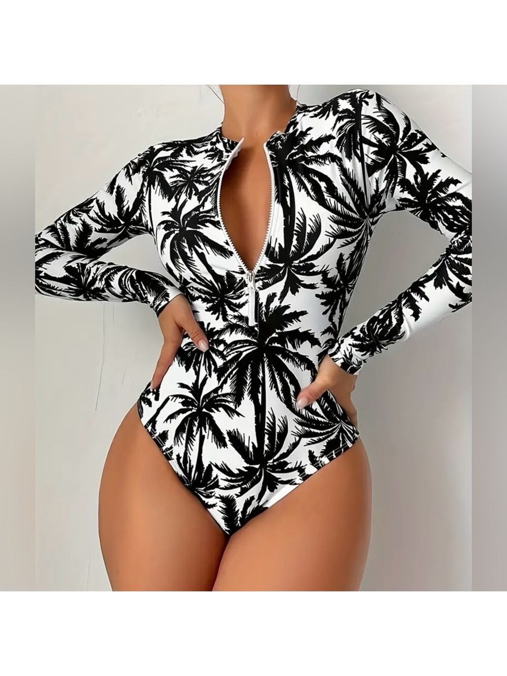 Tropical Palm Tree Print Long Sleeve Zipper Swimsuit